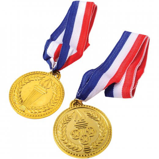 Novelty Olympic style gold medals with red white and blue ribbons for field day prizes