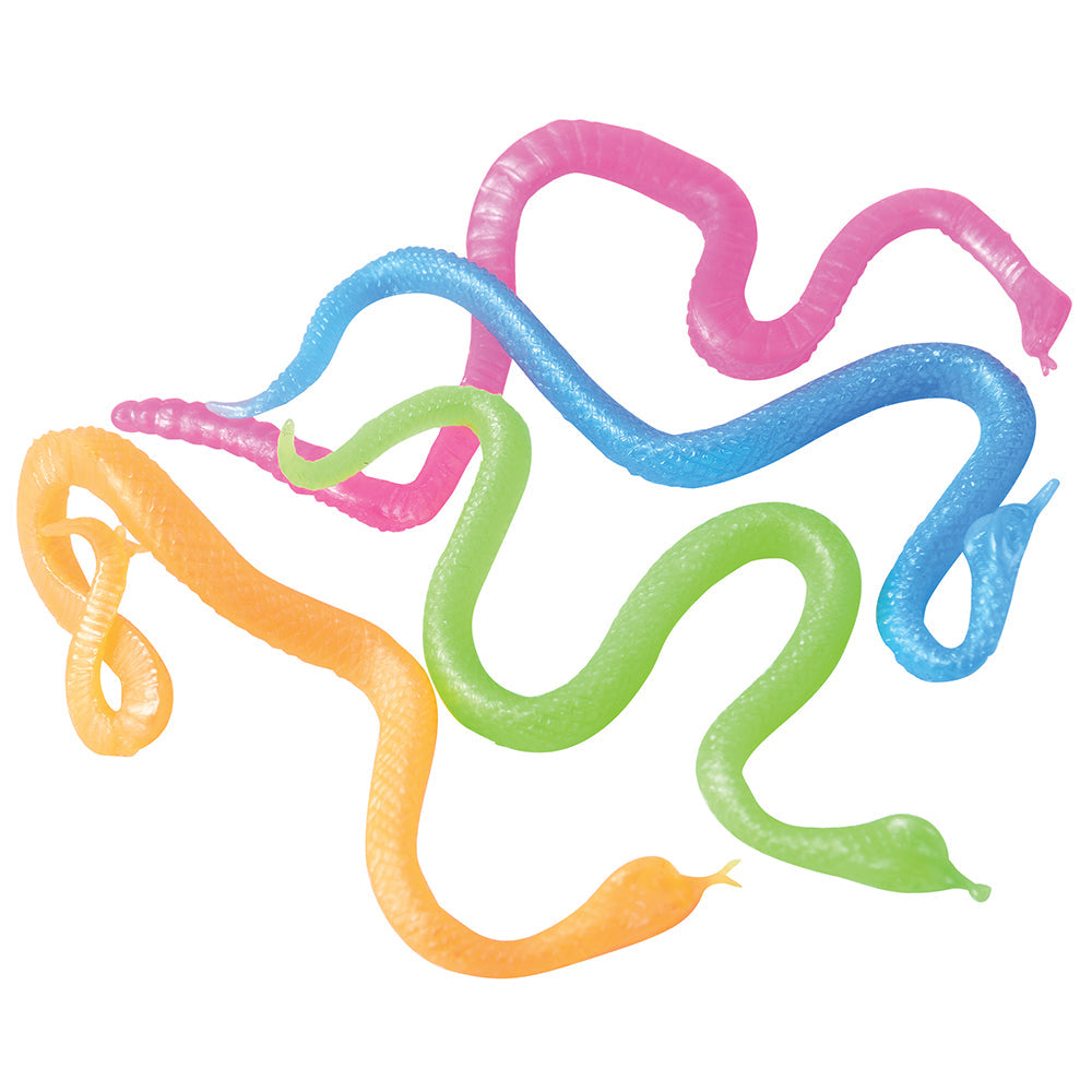 Set of twenty four stretchy rubber toy snakes in assorted colors, a bulk carnival prize pack