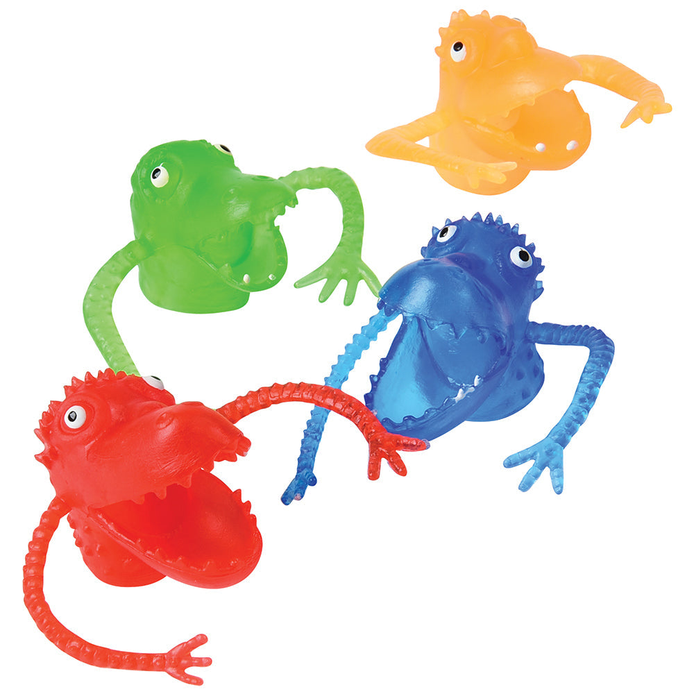Assorted soft plastic Halloween monster finger puppets in orange, purple, green and blue, sized for trunk or treat giveaways