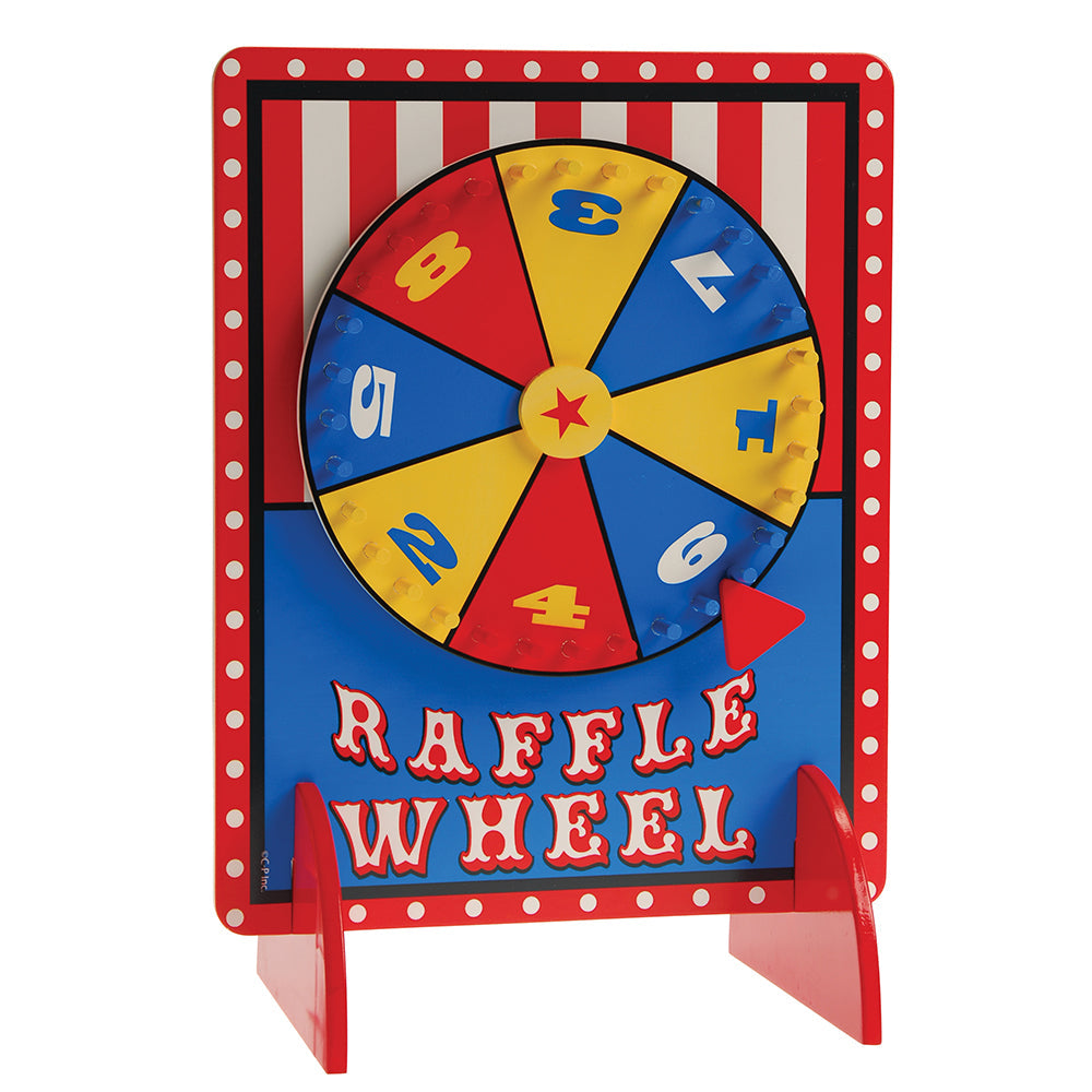 Wooden tabletop raffle wheel game with stand, used at school carnival prize booths