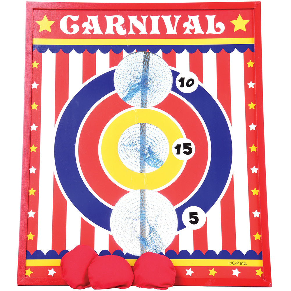 Wooden carnival bean bag toss game with scoreboard frame and three bean bags