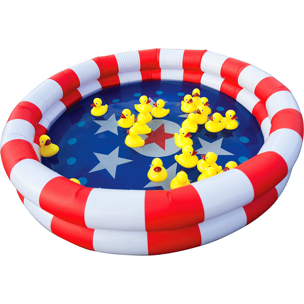 Inflatable duck pond carnival game with a dozen floating three inch ducks for young children