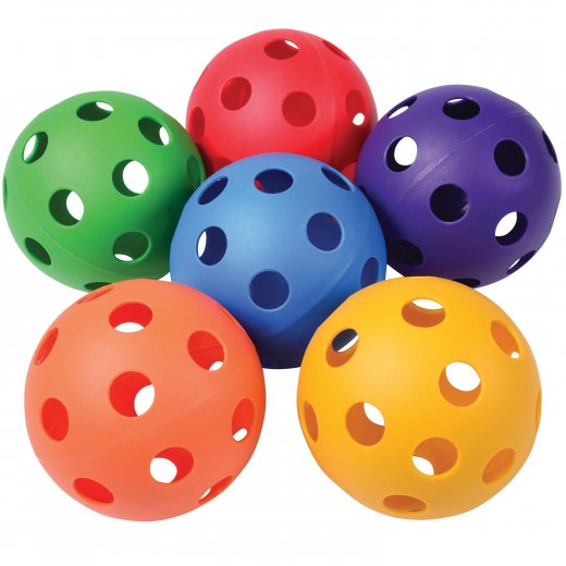 Assorted primary color plastic softballs sized for camp and rec program play