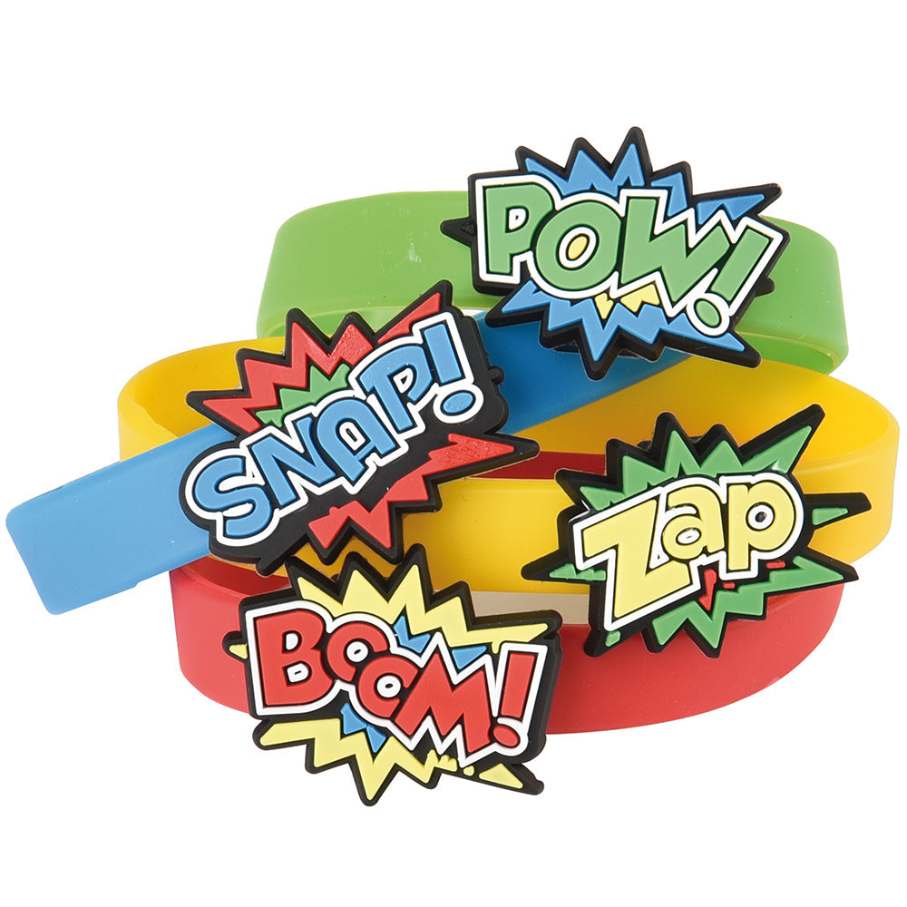 Assorted superhero rubber bracelets sold by the dozen as kids party favors