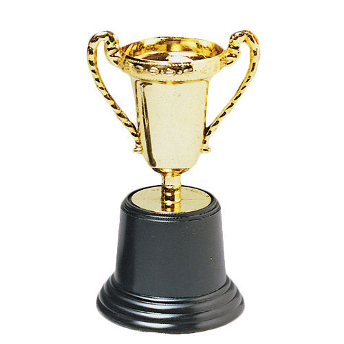 Gold plastic carnival trophies used as a top tier prize at a school carnival redemption table