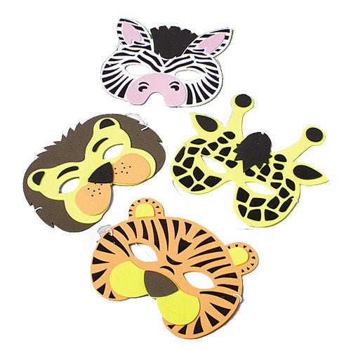 Foam wild animal costume masks in zebra, giraffe, lion and tiger designs with elastic bands for a class group costume