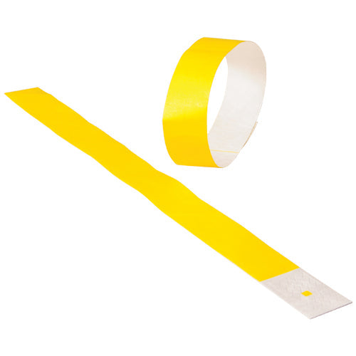 Pack of yellow adhesive event wristbands, waterproof and tear resistant, for outdoor carnival admission