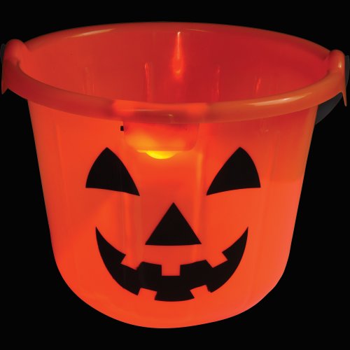 Light-up plastic jack-o-lantern pail with a handle, a festive decoration for a church fall festival