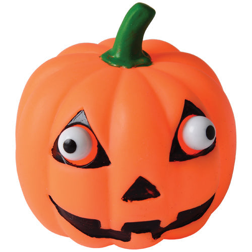 Popping eye jack-o-lantern squeeze novelties lined up as small prizes for a Halloween festival prize booth