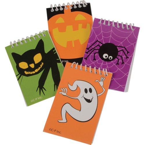 Set of spiral-bound Halloween mini notebooks with assorted cover designs, a non-food treat option for allergy-aware events