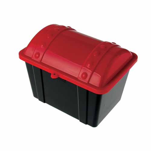 Red and black plastic treasure chest with lid used to store carnival prizes between events