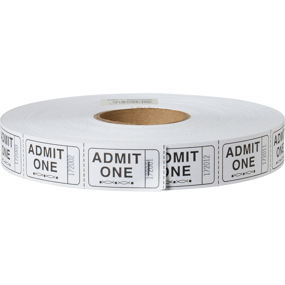 Stock Ticket Admit 1, White, Event Supply 2000 per Roll