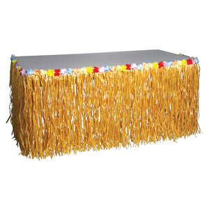 Luau Party Table Skirt With Flowers - Natural Party Decoration